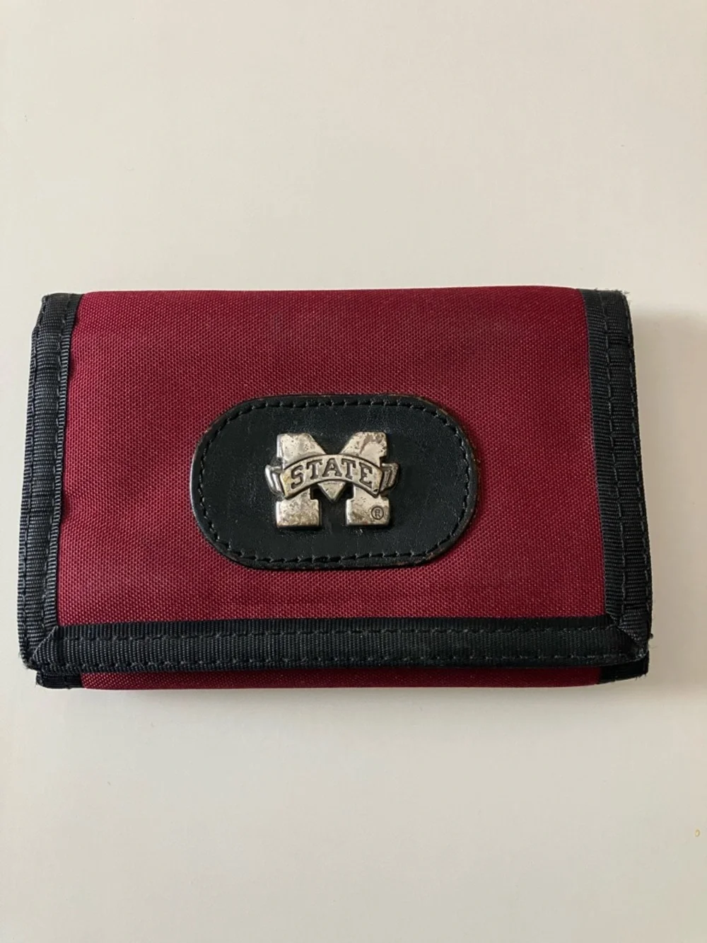 Maroon Mississippi State Trifold Wallet w/Black Trim & Metal 'M State' Emblem